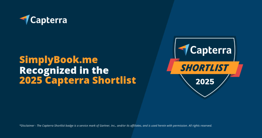 SimplyBook.me is highlighted in bold text for being on the 2025 Capterra Shortlist. A badge on the right enhances the achievement's significance.
