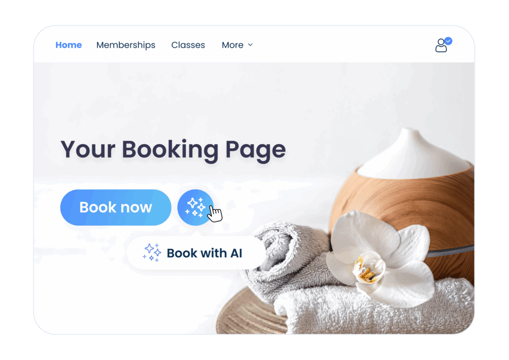 Spa-themed booking page with a towel, white orchid, and diffuser. Text reads 'Your Booking Page' with 'Book now' and 'Book with AI' buttons.