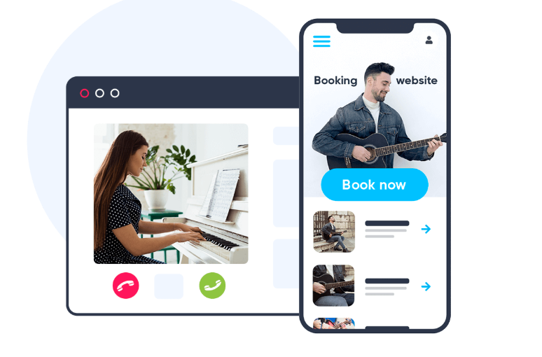 Split image showing a woman playing piano on a video call and a mobile app interface with a guitarist’s ‘Book now’ option, illustrating SimplyBook.me for music lessons and online scheduling for studios.