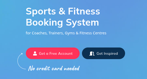 Blue background with text promoting SimplyBook.me as Sports & Fitness Booking System for coaches, trainers, gyms, and fitness centers. Red button for 'Get a Free Account' and a dark button for 'Get Inspired' with note 'No credit card needed.'