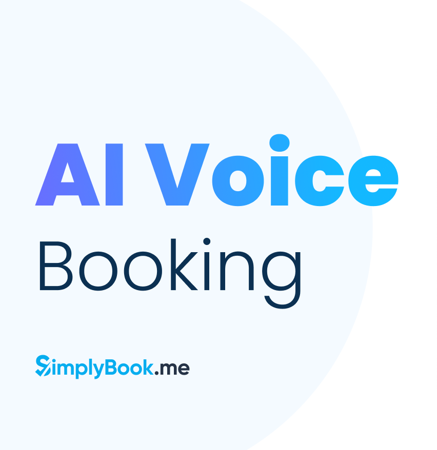 Text on a light background reads "AI Voice Booking" in gradient blue, indicating advanced technology. A logo titled "SimplyBook.me" appears in smaller blue font below.