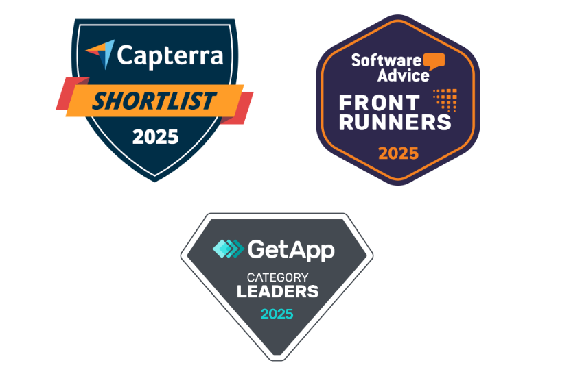 Three award badges for 2025: Capterra Shortlist in blue, Software Advice Front Runners in purple, and GetApp Category Leaders in dark gray.