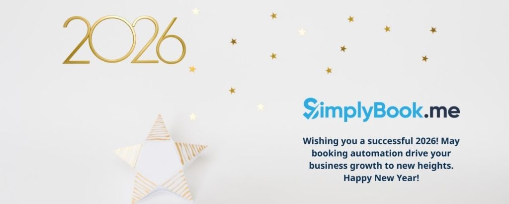 Gold "2026" with star confetti on a white background, a striped star, and text wishing a successful New Year from SimplyBook.me.