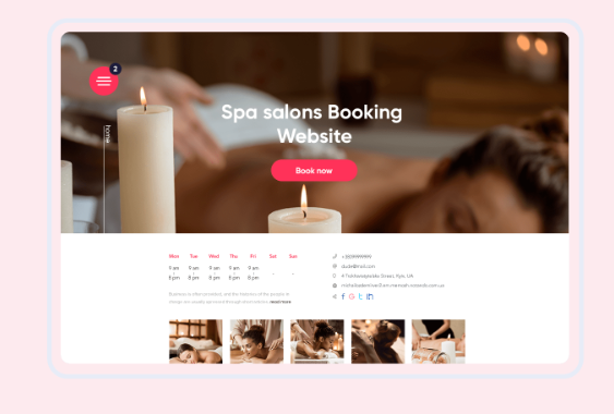 A serene spa website interface with a blurred background of a relaxing massage scene, lit candles, and a prominent pink "Book Now" button.