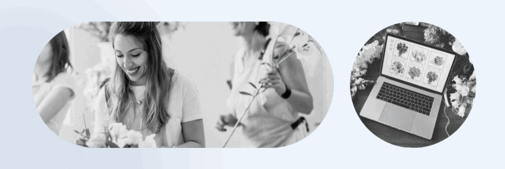 A black-and-white image shows a smiling woman arranging flowers while a laptop beside her displays digital designs, symbolizing AI adoption and tech adoption in European SMBs.
