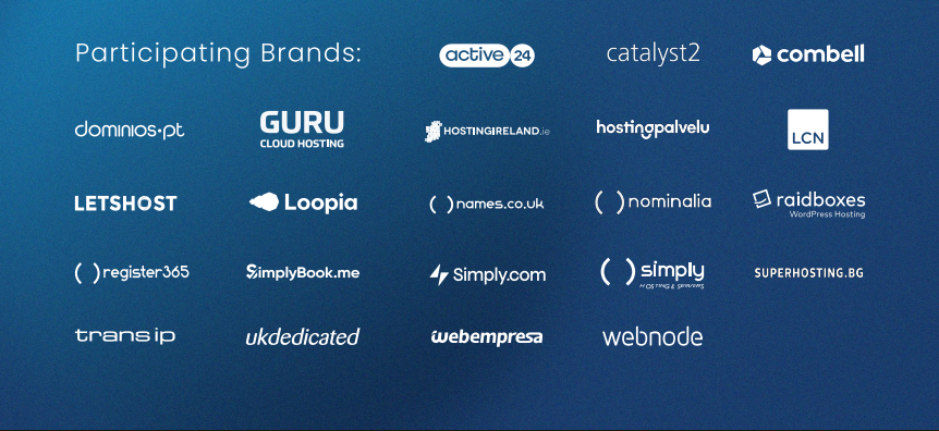 Blue background image showcasing logos of various hosting and tech brands. Text at the top reads 'Participating Brands,' listing companies like Active24, Combell, Loopia, and Simply.com. The tone conveys collaboration and partnership.