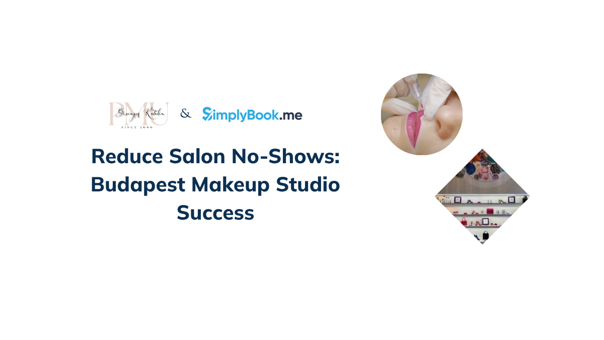 Graphic titled 'Reduce Salon No-Shows: Budapest Makeup Studio Success'' with SimplyBook.me and makeup brand logos. Includes images of a person receiving lip treatment and a neatly organized shelf of beauty products.