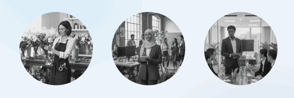 Three images show diverse workplace settings—a florist arranging flowers, a woman in a hijab using a tablet in an office, and a man leading a meeting—highlighting how service business digital tools support different professions.