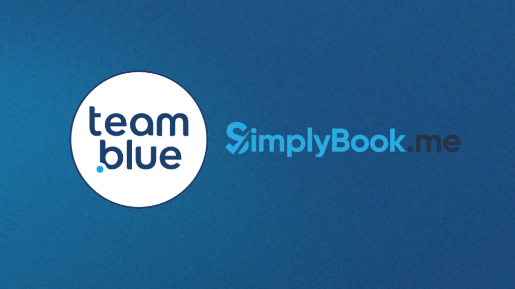 Brand logos representing team.blue and SimplyBook.me on a blue background, illustrating digital adoption for European businesses.