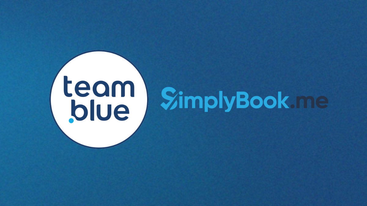 Brand logos representing team.blue and SimplyBook.me on a blue background, illustrating digital adoption for European businesses.