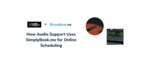 Audio Support music studio and SimplyBook.me logos, guitar, and audio software screen, highlighting online scheduling for music studios.