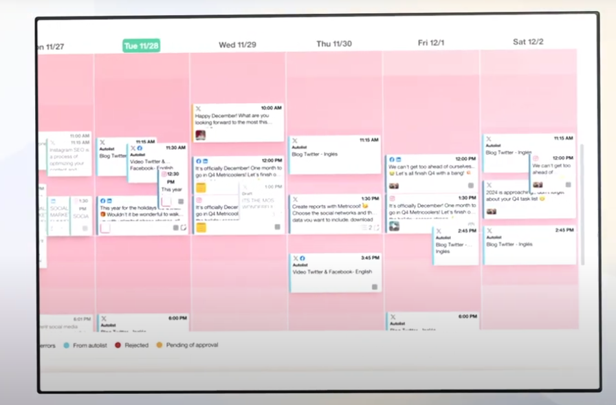 A digital calendar with a pink background shows a week from November 27 to December 2. Each day contains multiple tasks, indicating a busy schedule.