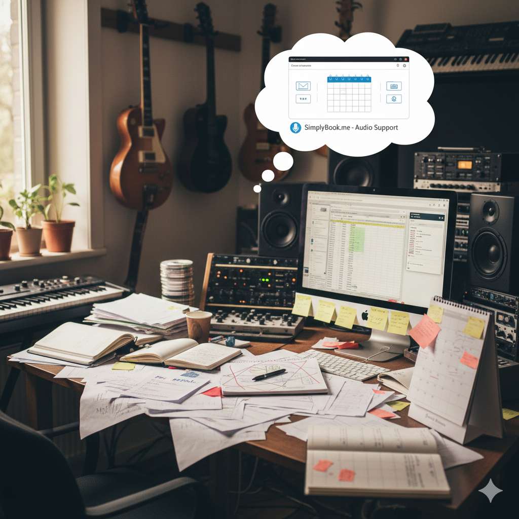 Cluttered music studio desk with papers, notebooks, and sticky notes, computer screen displaying a calendar for online scheduling for music studios using SimplyBook.me, guitars hanging on the wall highlighting a creative workspace.